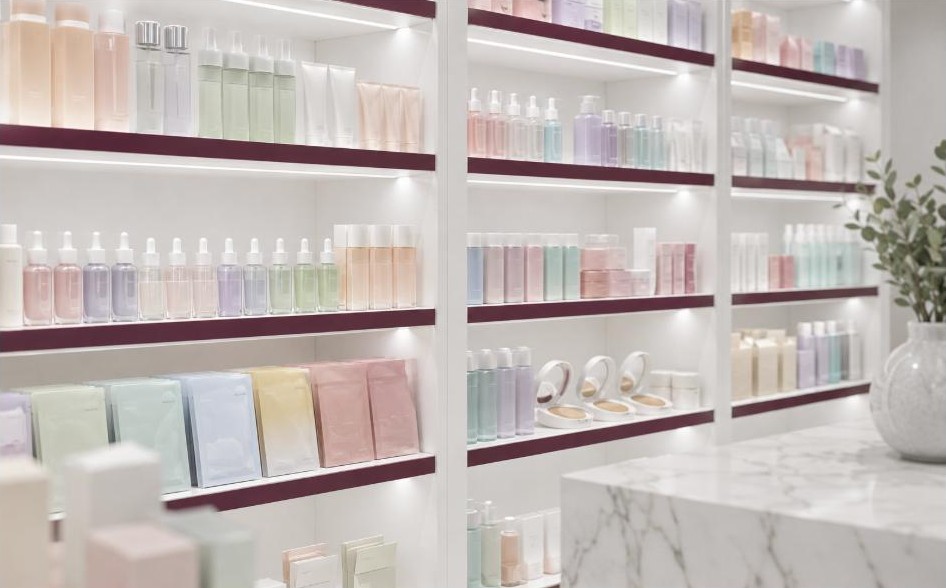 Colourful K-beauty shelves in store