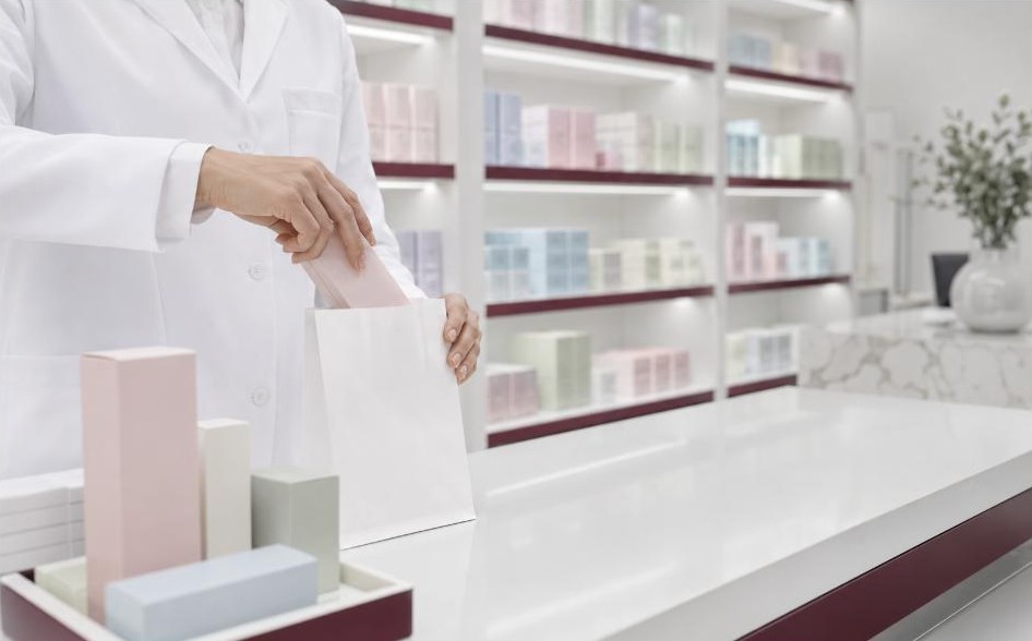 Pharmacist preparing a prescription at the counter